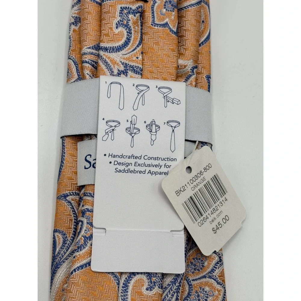 Saddlebred Men's Silk Tie Orange Blue Paisley Handcrafted NWT $45 Retail